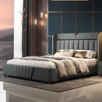 Итальянская кожаная кровать Foshan 1.8 light роскошная, современная, простая и величественная главная спальня  5