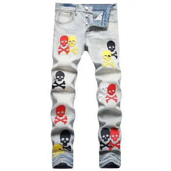 Джинсы с черепами, мужские облегающие Рваные джинсовые брюки в стиле пэчворк, мотоциклетные брюки в стиле хип-хоп, трендовые джинсы с дырками в стиле панк, модный бренд streetwear  5