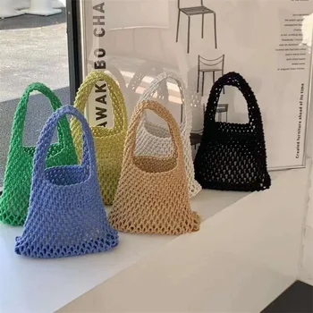 Корейская сумка с сетчатым карманом, сумка на запястье из хлопчатобумажной веревки ручной работы, модная и универсальная сумка для пляжного отдыха  5