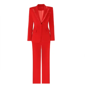 Женские костюмы, офисные комплекты, красный бархатный приталенный блейзер с брюками, Элегантная модная женская одежда для работы, профессиональная новинка  4