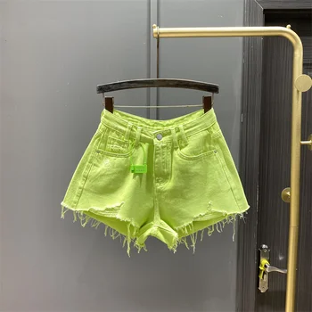 Сексуальные джинсовые шорты с высокой талией, женские летние новые, с рваными кисточками, необработанный подол, широкие штанины, короткие, фиолетовые, розовые, зеленые, 2023 г.  5