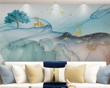 beibehang papel de parede На заказ, новый китайский стиль, абстрактный акварельный пейзаж, дерево, лось, свет, роскошные обои для телевизора  10