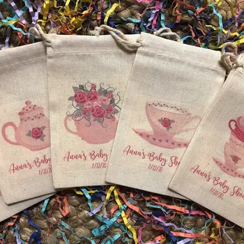 20 Персонализированных Розовых Ассорти на тему Чаепития, Сувениры для душа ребенка, Хлопчатобумажные Муслиновые сумки на заказ, индивидуальный подарок на День Рождения  5