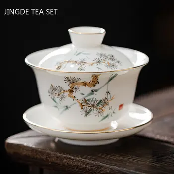 Индивидуальный чайник для заварки чая из белого фарфора Dehua Sancai Gaiwan, Бытовая Керамическая Чайная чашка, Китайский Чайный сервиз, Миска с крышкой  5