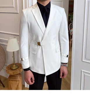 Мужской блейзер с металлической пряжкой, пиджак из 2 предметов, Брюки для итальянской вечеринки, свадебного банкета, Дизайнерский костюм Slim Fit Homme  10