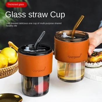 Стеклянная чашка с бамбуковой соломинкой для горячей воды, молочного чая, магазинного сока, студенческой персонализированной соломенной чашки, кружки, стаканов для питья  5