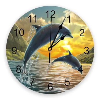 Закат, Морские животные, Дельфины, Декоративные Круглые настенные часы, дизайн с арабскими цифрами, Не Тикающие Спальни, Ванная комната, Большие настенные часы  10