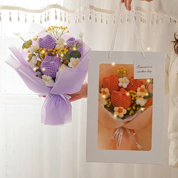 Букет ручной работы с упаковкой, декор в виде тюльпанов, ручной вязки, Самодельный цветок крючком, Искусственный тканый букет, подарок для мамы  5