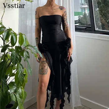 Vstiar Элегантное женское платье с открытыми плечами и цветочным узором, белое, черное, без рукавов, без бретелек, облегающее платье Миди Vestidos 2023, Летнее праздничное платье  5
