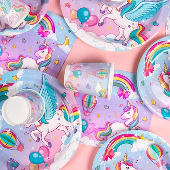 Одноразовая посуда Rainbow Unicorn Воздушные шары на тему Единорога Чашки Тарелки скатерть для душа ребенка Украшение вечеринки по случаю Дня рождения девочки  5