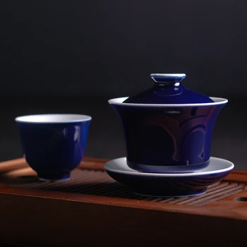 Одноцветная Глазурь Высокотемпературное Жертвоприношение Чаша С Синим Покрытием Керамическая Чайная Супница  5