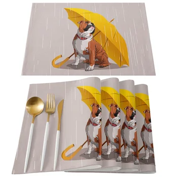 Желтый зонтик, Салфетка для Бульдога, Декор для Свадебной вечеринки, Льняной Коврик для стола, Кухонные Принадлежности, Салфетка для стола  5