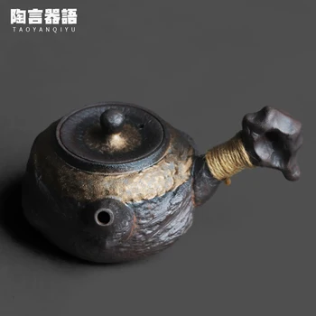 Грубый керамический чайник в форме камня с боковой ручкой, ретро-керамика ручной работы, Китайская чайная церемония дзен кунг-фу, чайник для заваривания чая  5