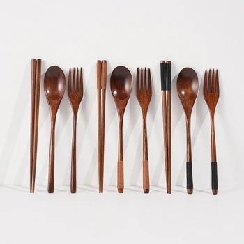 Деревянные палочки для еды, вилка-ложка, набор из трех предметов, шпагат, посуда в японском стиле, Кухонные домашние палочки для еды, Вилка-ложка, набор столовых приборов  5