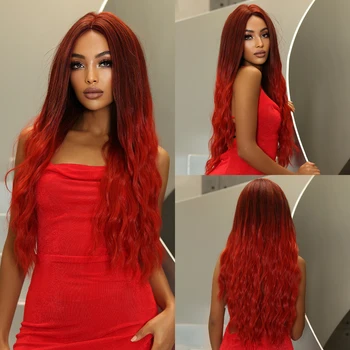 Красное омбре, длинные волнистые синтетические парики для женщин, винно-красные парики из средней части волос, натуральные термостойкие волосы для косплея, объемная волна  1