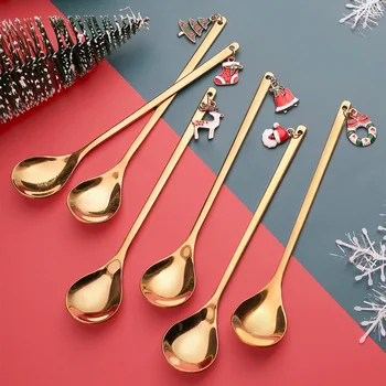 Рождественская ложка из нержавеющей стали, Золотая, серебряная, с изображением лося, снеговика, Санта-Клауса, подвесная ложка, украшения для рождественской вечеринки, ложка для молока и кофе  5