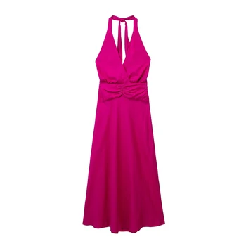 YENKYE 2023 Женские Сексуальные Миди-платья с открытой спиной Пурпурного Цвета на бретельках из льняной смеси для вечеринок Vestidos  4