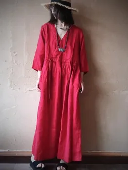 Женское однотонное льняное платье с V-образным вырезом, Женские Свободные платья из льна в стиле ретро, женское Летнее осеннее платье 2023 года.  5