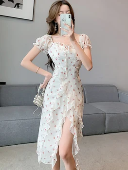 Летнее Белое Шифоновое платье с квадратным воротником и пышными рукавами в цветочек, Женское модное повседневное Пляжное платье с оборками 2023, Корейское платье для выпускного вечера  2