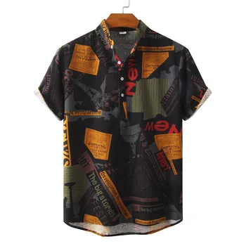 Мужские винтажные пляжные рубашки с газетным принтом, Тонкая Хлопчатобумажная льняная гавайская рубашка с коротким рукавом, мужская уличная одежда для отдыха  5
