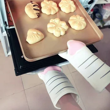 1 шт. Нескользящие кухонные перчатки с 3D мультяшными кошачьими лапами, прихватки для духовки, Длинные хлопчатобумажные перчатки для выпечки, термостойкие для микроволновой печи  5