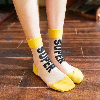 Новые кружевные женские носки в корейском стиле Харадзюку, носки с буквами, стеклянные шелковые тонкие прозрачные носки-тюбики, летние милые забавные носки  10