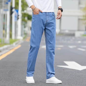 Большие размеры 40 42 44, мужские весенне-летние свободные прямые джинсы, мужские светло-голубые джинсы, мужские джинсовые брюки стрейч для похудения  5