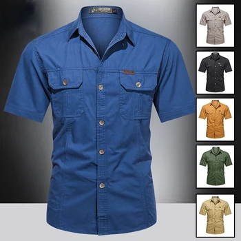 Мужская высококачественная рубашка из чистого хлопка с коротким рукавом, Летняя Рабочая одежда для улицы, рубашка в стиле милитари, Мужские топы, Уличная мода  1