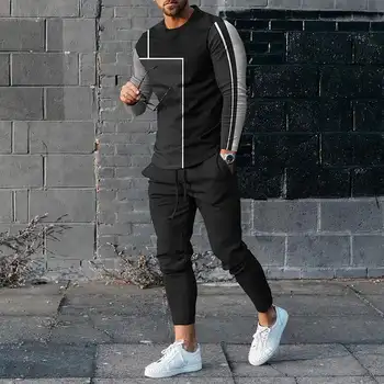 Мужские футболки с длинным рукавом и брюки Из двух частей Черного цвета С классическим геометрическим 3D принтом, Мужские комплекты, Повседневный костюм nike tech fleece  4