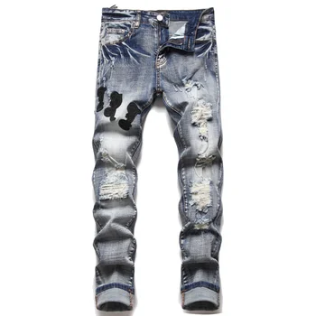 Винтажные синие рваные джинсы в стиле панк, облегающие брюки-карандаш с эластичным принтом, уличная одежда, мужские джинсовые брюки полной длины  4