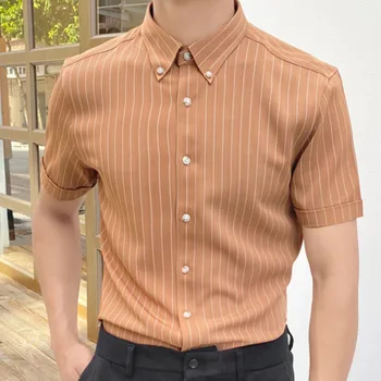 Универсальная рубашка в полоску, мужская деловая рубашка, мужские стильные рубашки в корейском стиле с коротким рукавом для MenCamisa Social Masculina  5