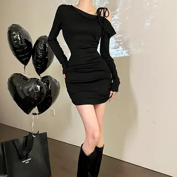Черное платье на шнуровке с плечами, Женское модное Асимметричное Женское платье с высокой талией, Темпераментные складки, длинные рукава, Короткие платья, леди  10