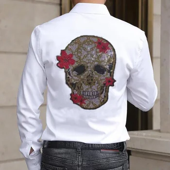 Повседневная мужская рубашка BORUNKE из хлопка со стразами, уличная одежда с длинным рукавом, повседневные дышащие мужские брендовые рубашки 049  4