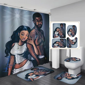 Сильный мужчина и сексуальная женщина Тканевая занавеска для душа Афроамериканские женщины Занавески для ванной комнаты Нескользящие коврики Ковер Коврик для унитаза и ванны  5
