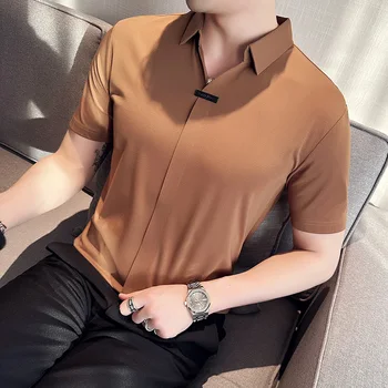 Летняя новая высокоэластичная сексуальная рубашка с V-образным вырезом и коротким рукавом, мужская рубашка поло Ice Silk премиум-класса, высококачественная рубашка с коротким рукавом  5