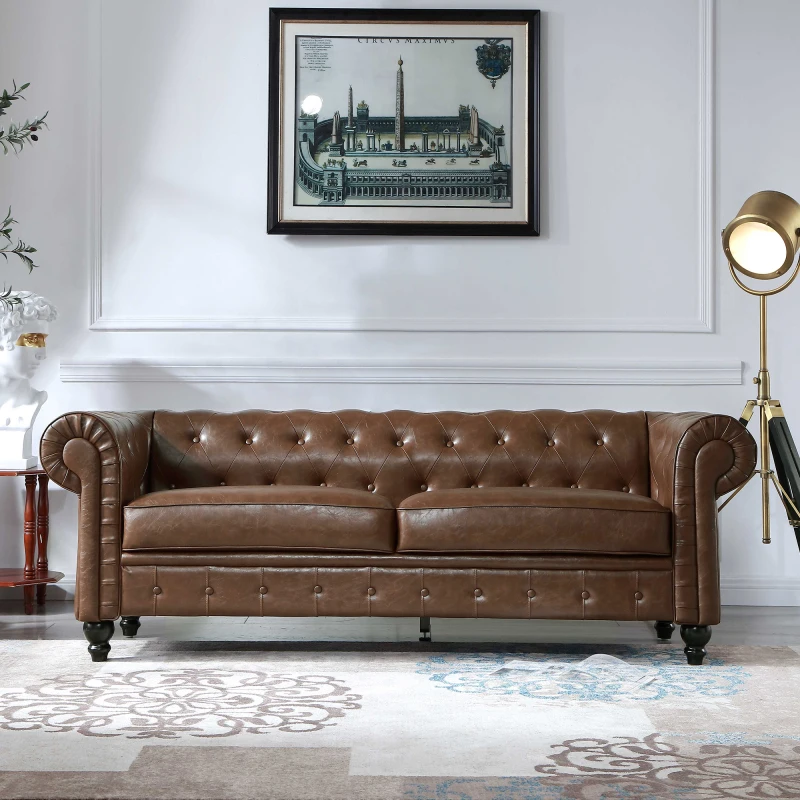 80-дюймовый диван Chesterfield с хохолком на пуговицах, секционный диван, обитый искусственным мехом, 2-местный диван с подлокотниками на колесиках для гостиной, простая сборка