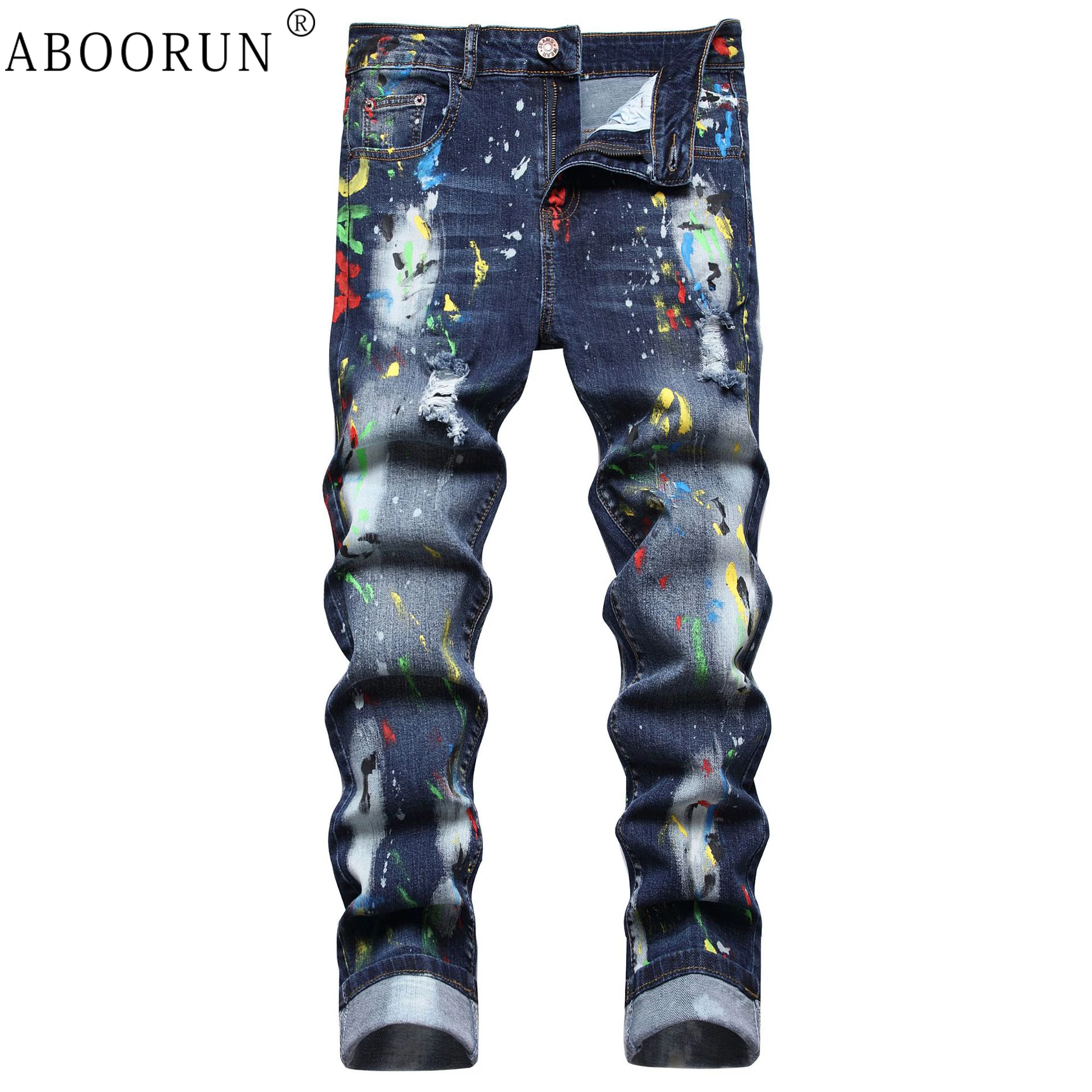 Джинсы с рваными дырками ABOORUN, мужские модные джинсовые брюки-карандаш с росписью, уличная одежда, облегающие брюки