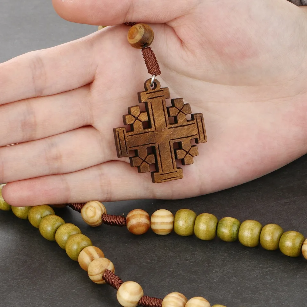 Мать Религиозная Антикварный деревянный Иерусалимский крест Подвески Ожерелье Четки Ожерелье для женщин Заявление Ювелирные изделия NC174