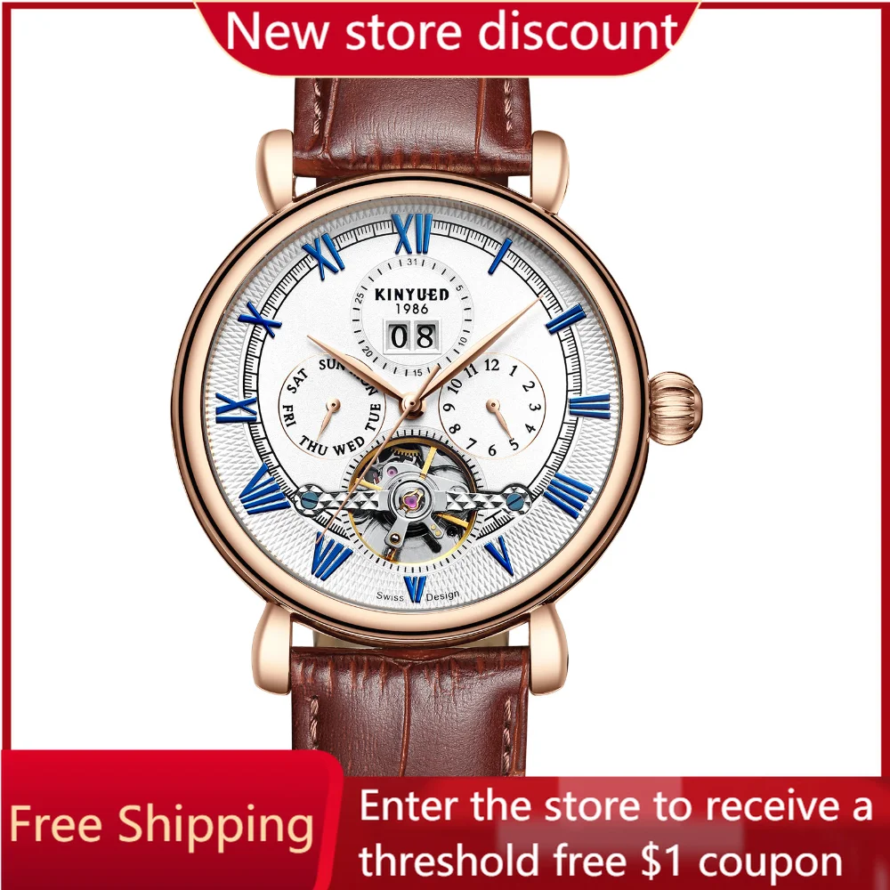 Многофункциональные модные деловые часы с турбийоном и календарем, полностью автоматические водонепроницаемые механические мужские часы