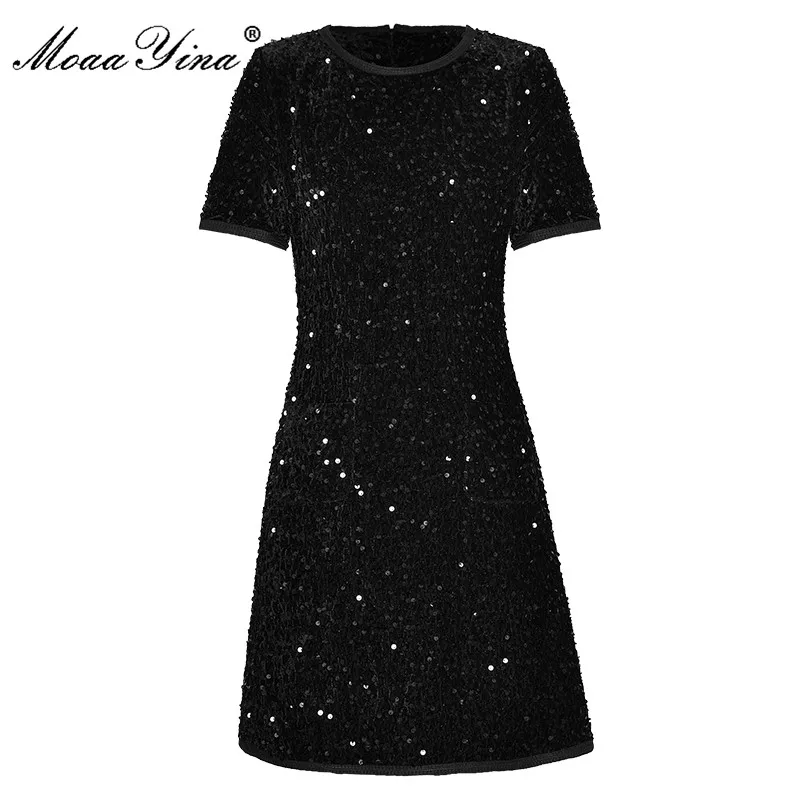 Модное дизайнерское платье MoaaYina, летнее женское платье с коротким рукавом, черные мини-платья с пайетками, винтажные праздничные мини-платья для отпуска