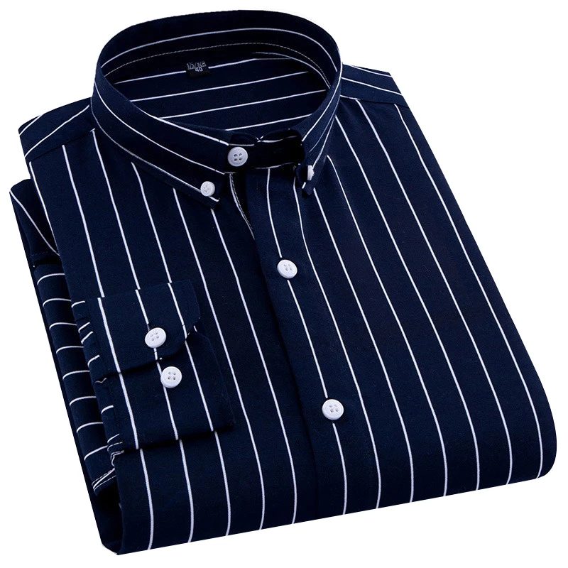 Мужская классическая однотонная рубашка в полоску, легкая в уходе, С длинным рукавом, Формальные деловые рубашки стандартного кроя, базовые платья