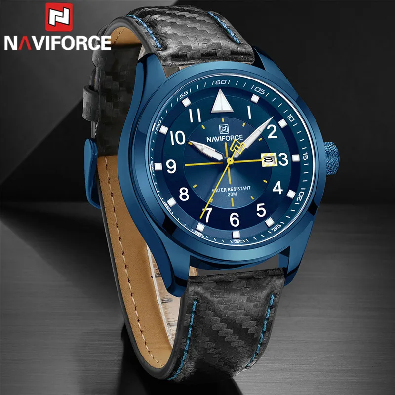 Мужские наручные часы NAVIFORCE, лучший бренд класса Люкс, синие Мужские часы с автоматической датой, Черные Мужские часы из натуральной кожи, спортивные Военные Кварцевые мужские часы 8022