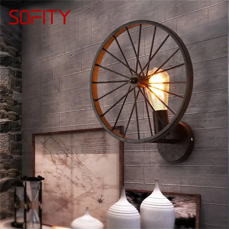 Настенный светильник SOFITY в американском стиле, круглый Креативный дизайн в форме колеса, ретро-светильники для помещений, ресторан в стиле лофт, светодиодное бра