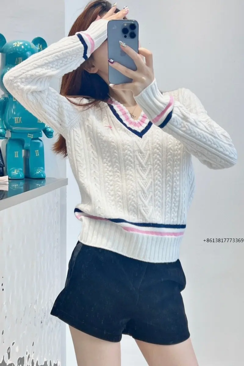 Новый вязаный свитер в контрастную полоску с V-образным вырезом из жареного теста, свободная обтягивающая блузка для женщин