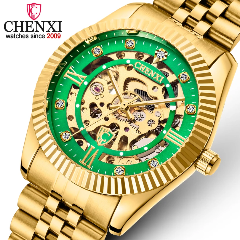 Роскошные механические мужские часы бренда Chenxi Skeleton Automatic Gold Masculino, Водонепроницаемые часы с автоподзаводом, Нержавеющая сталь Hombr