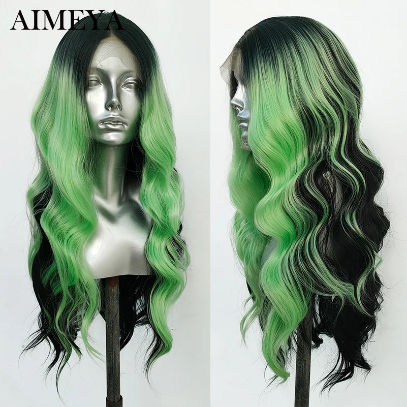 Синтетический кружевной парик AIMEYA Выделите парики с кружевной передней частью, объемную волну, черные / зеленые кружевные фронтальные парики, парики из высокотемпературного волокна