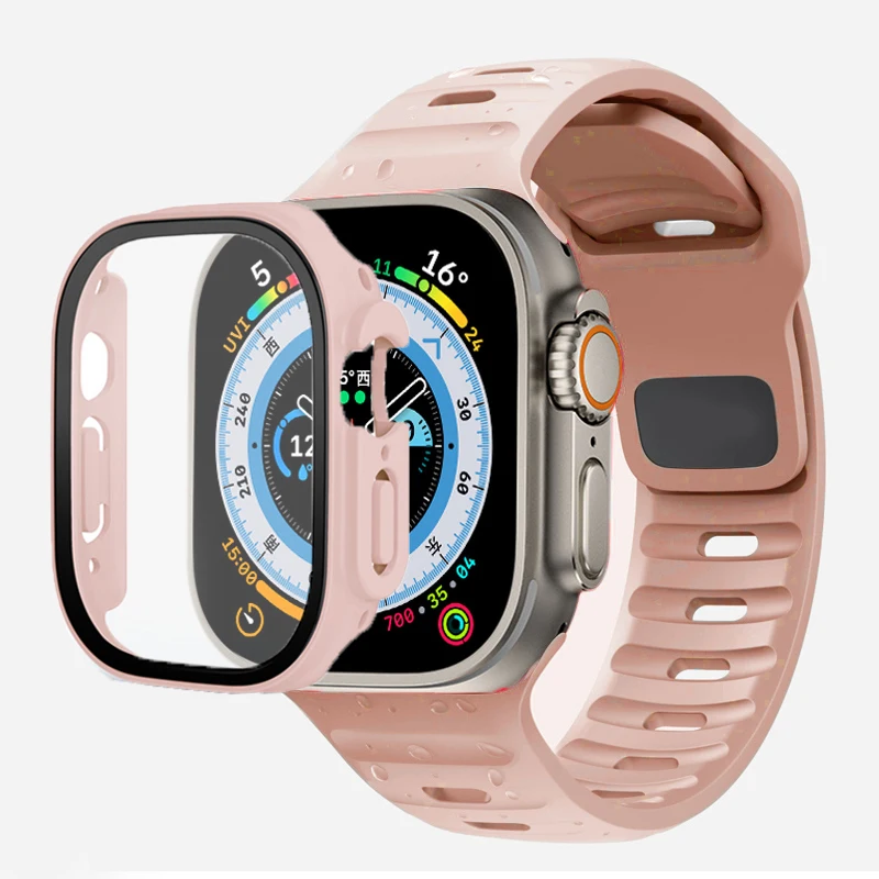 Стекло + Чехол + Ремешок Для Apple Watch band ultra 49 мм 44 мм 40 мм 41 мм 38 мм 42 мм 45 мм Силиконовый ремешок-браслет iWatch серии 4 5 6 se 7 8