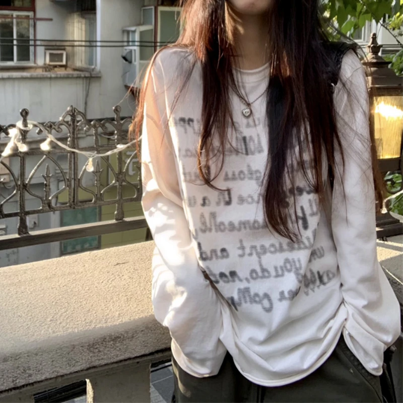 Уличная Свободная Повседневная футболка с длинными рукавами и буквенным принтом, женская Весенняя новинка 2023, Корейская мода, Универсальные топы с круглым вырезом