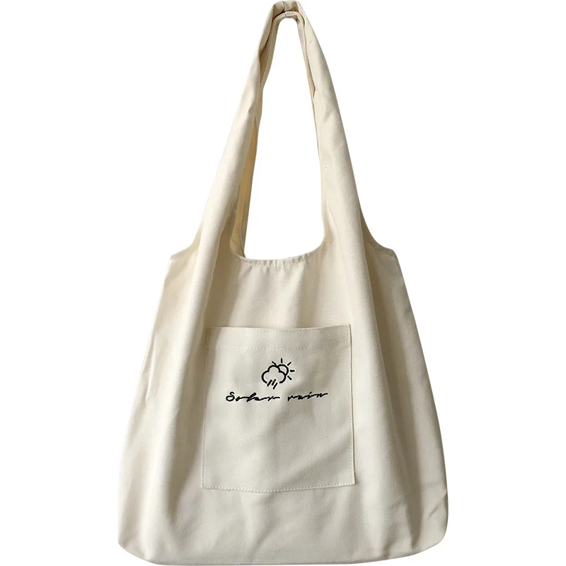 Холщовая сумка с вышивкой облаком через плечо для женщин, модные простые сумки с открытыми ручками, сумка-тоут для покупок