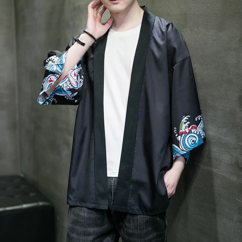 Черная блузка Рубашка Мужское Японское Кимоно Кардиган Harajuku Уличная одежда Тонкая Крутая Мужская рубашка Традиционная Японская одежда